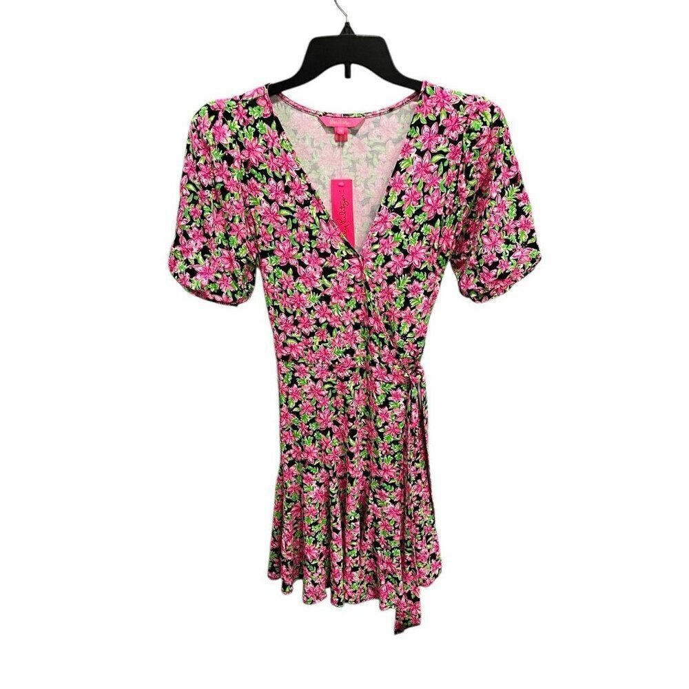 Lilly Pulitzer Women's Medium Kessler Wrap Dress Onyx Lil Lilly Floral Print